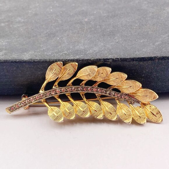VINTAGE Gold tone brushed metal and clear rhinestone tree branch brooch pin - Picture 5 of 7